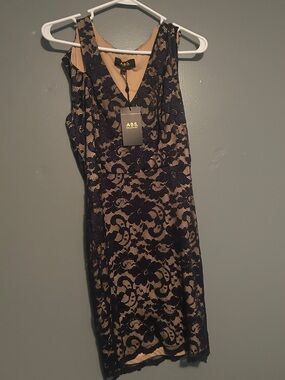 ABS Allen Schwartz Navy Lace Midi Dress with Nude Lining
